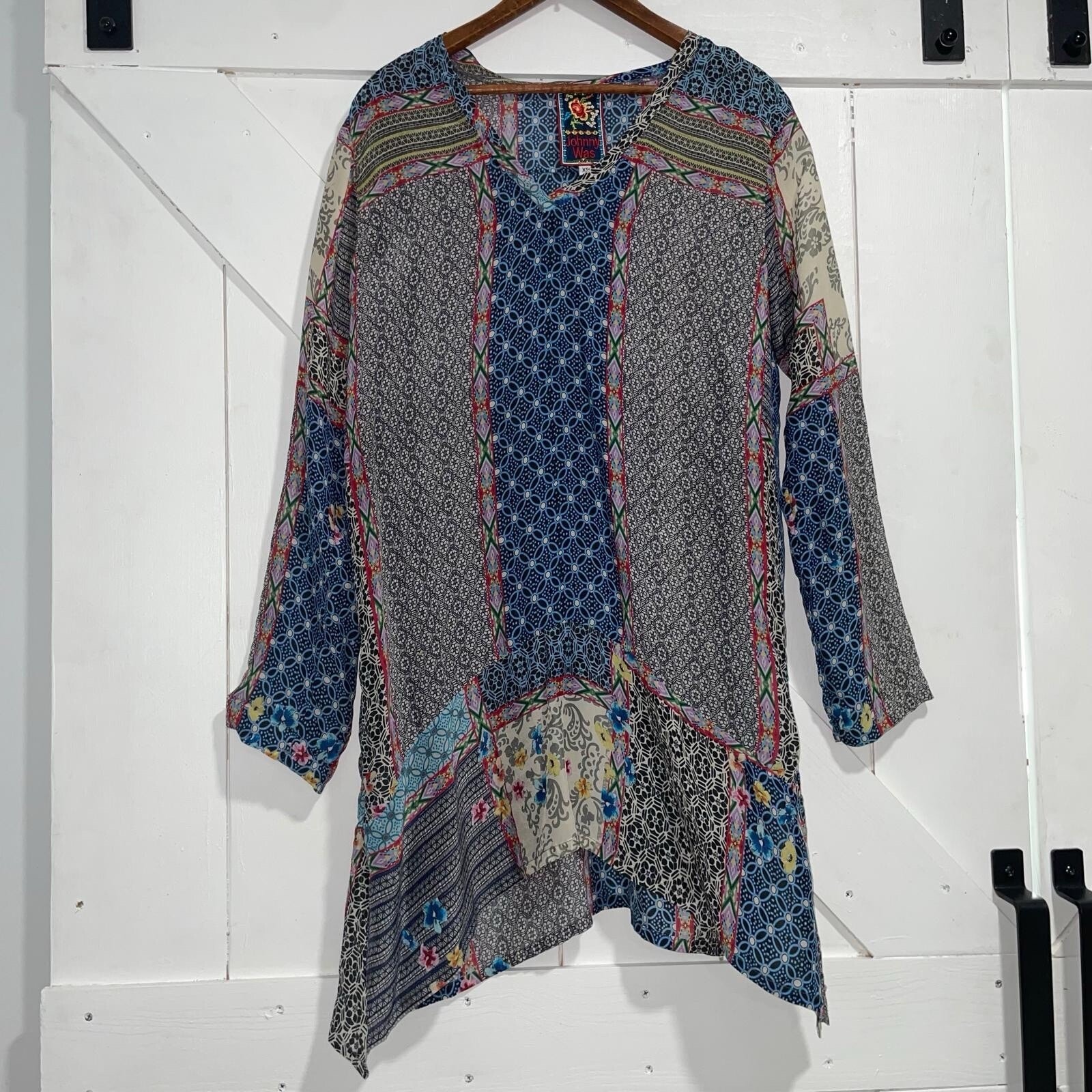 Johnny Was Tunic Women Xs Drape Top Blouse Multicolor Geometric Flowy Artsy Boho